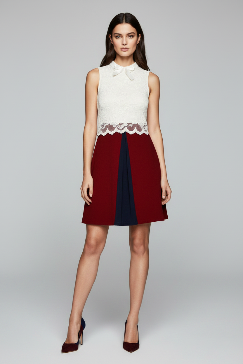 Dresses, White Wine Delicate Floral Lace Overlay Crepe Style Dress - IkoChic