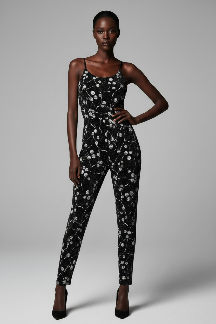 Jumpsuit, Silver Shimmer Lurex Swirls Sleeveless Bodycon Jumpsuit - IkoChic