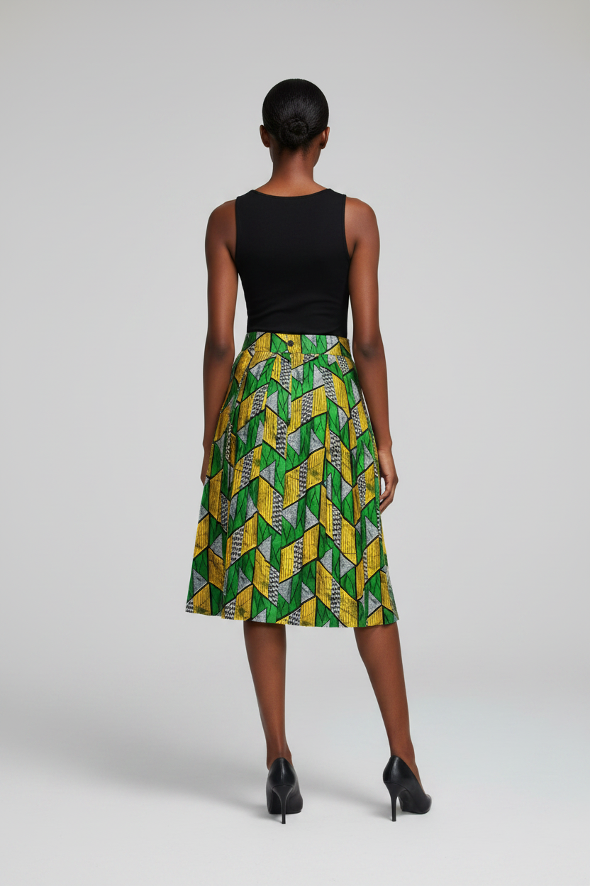 Skirts, Vintage Pleated Kitenge Midi Skirt with Pockets - IkoChic