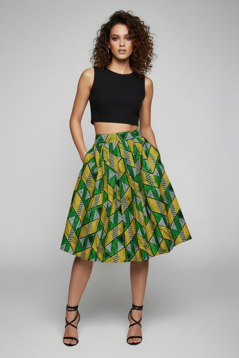 Skirts, Vintage Pleated Kitenge Midi Skirt with Pockets - IkoChic