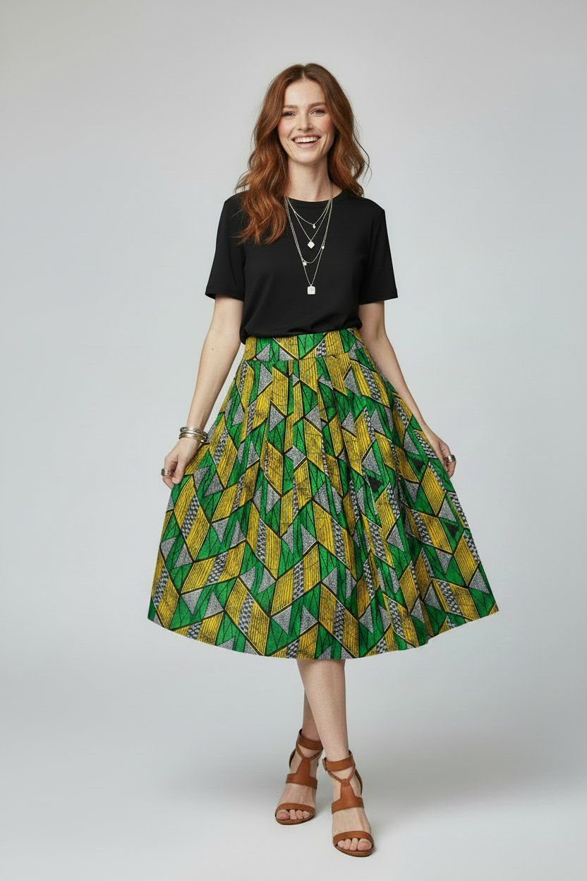 Skirts, Vintage Pleated Kitenge Midi Skirt with Pockets - IkoChic