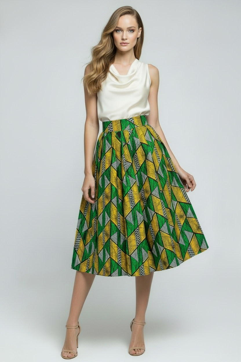 Skirts, Vintage Pleated Kitenge Midi Skirt with Pockets - IkoChic