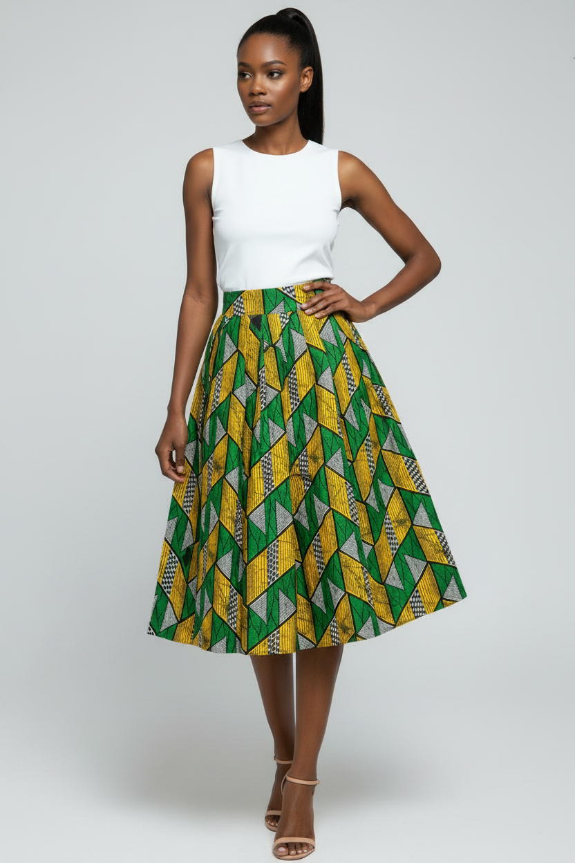 Skirts, Vintage Pleated Kitenge Midi Skirt with Pockets - IkoChic