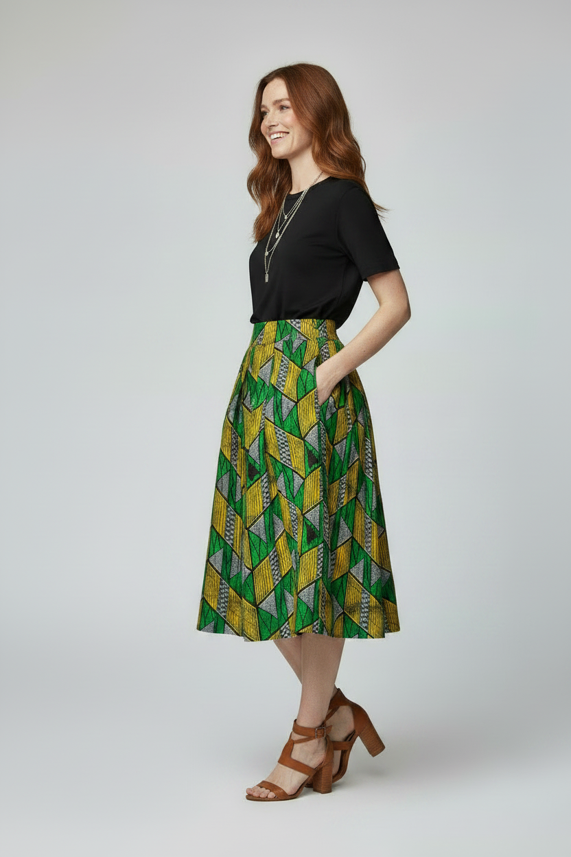 Skirts, Vintage Pleated Kitenge Midi Skirt with Pockets - IkoChic