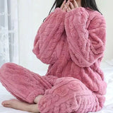 Women's solid colour ribbed velvet fleece loungewear set with thickened pullover and matching pants - warm autumn winter casual pyjamas from IkoChic.