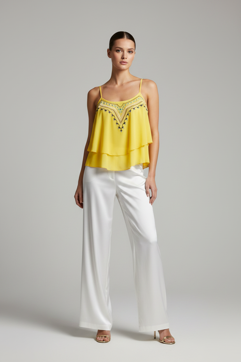 Shirts & Tops, Yellow Asymmetric Frill Tribal Embroidery Sleeveless Crop Top - IkoChic