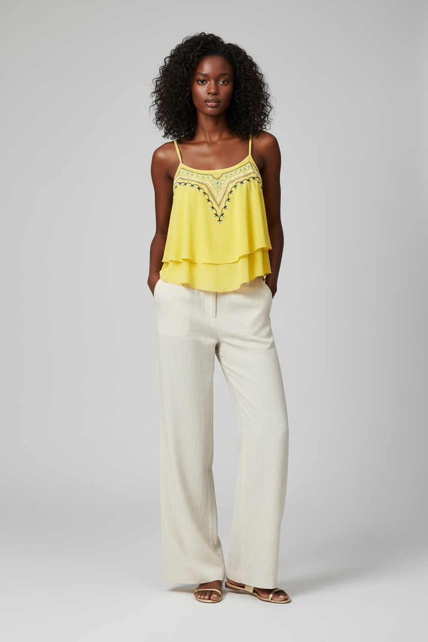 Shirts & Tops, Yellow Asymmetric Frill Tribal Embroidery Sleeveless Crop Top - IkoChic