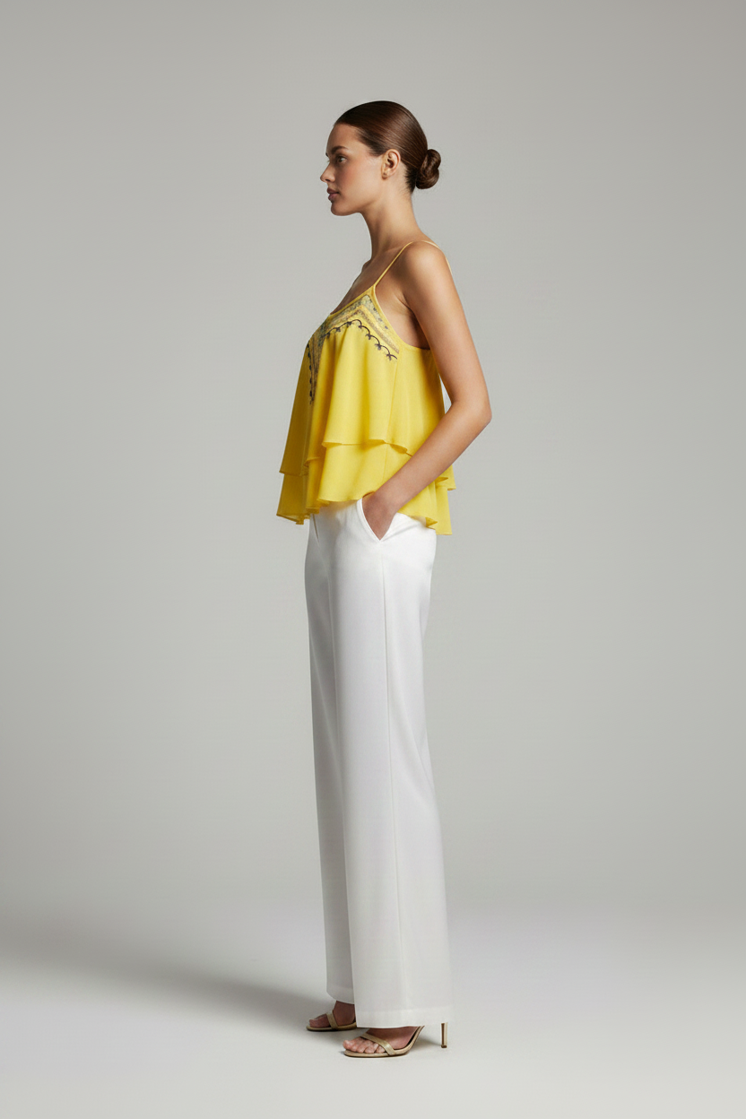Shirts & Tops, Yellow Asymmetric Frill Tribal Embroidery Sleeveless Crop Top - IkoChic