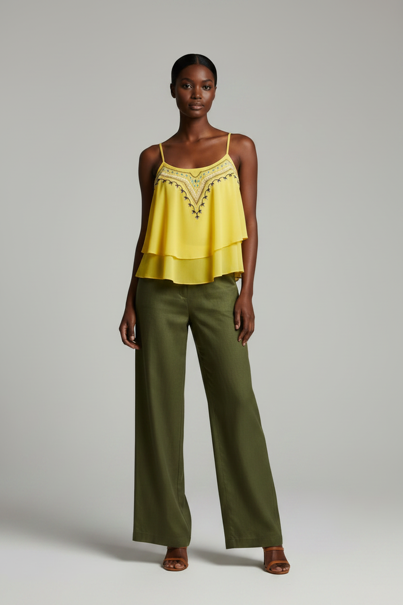 Shirts & Tops, Yellow Asymmetric Frill Tribal Embroidery Sleeveless Crop Top - IkoChic