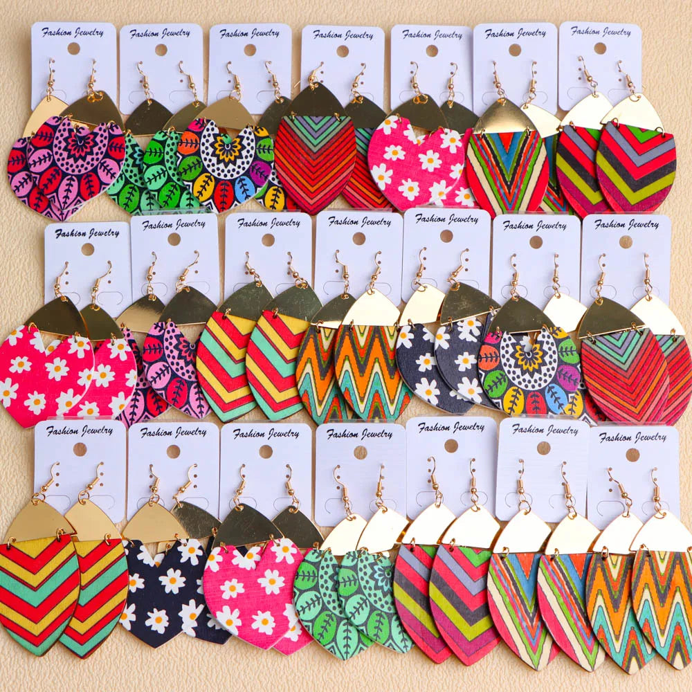 Earrings, 10Pairs/Lot Fashion Elegant Ethnic Geometric Multicolor Wooden Earrings For Women Daily Vacation Jewelry Accessories Party Gifts - IkoChic