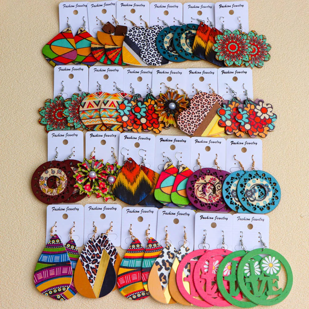 Earrings, 10Pairs/Lot Fashion Elegant Ethnic Geometric Multicolor Wooden Earrings For Women Daily Vacation Jewelry Accessories Party Gifts - IkoChic