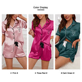 Nightwear, Pajama Lounge Set with Heart Embroidered Pocket Patched Sleepwear Button Down Short Sleeve Top & Shorts Pyjama Home Clothing - IkoChic