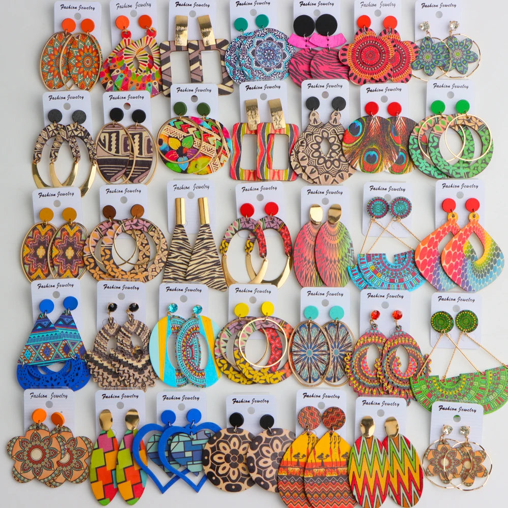 Earrings, 10Pairs/Lot Fashion Elegant Ethnic Geometric Multicolor Wooden Earrings For Women Daily Vacation Jewelry Accessories Party Gifts - IkoChic