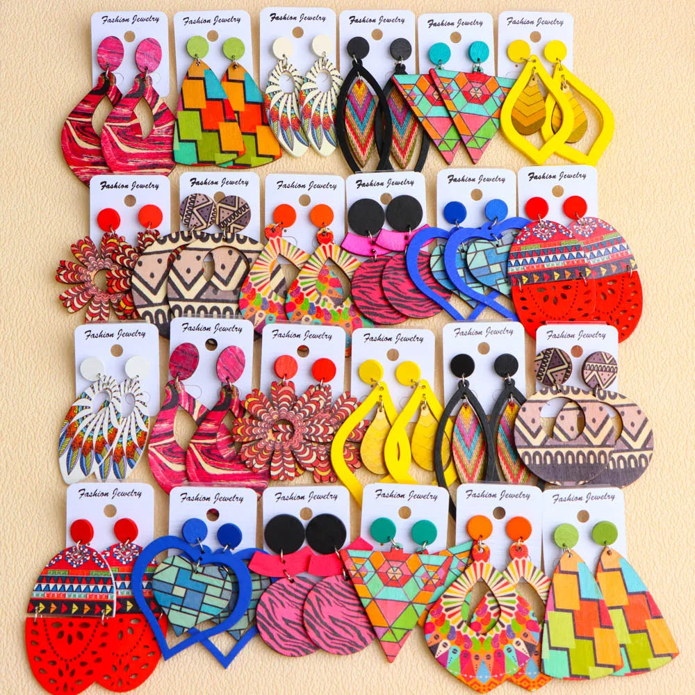 Earrings, 10Pairs/Lot Fashion Elegant Ethnic Geometric Multicolor Wooden Earrings For Women Daily Vacation Jewelry Accessories Party Gifts - IkoChic