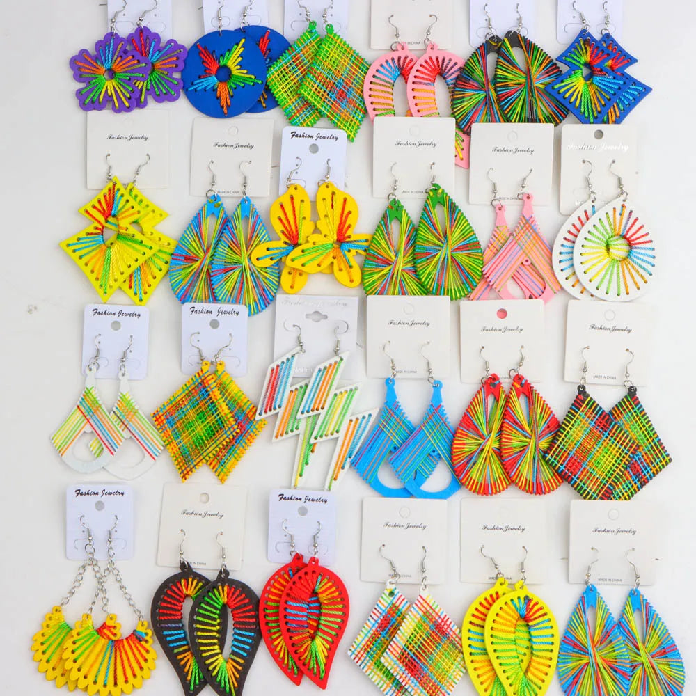 Earrings, 10Pairs/Lot Fashion Elegant Ethnic Geometric Multicolor Wooden Earrings For Women Daily Vacation Jewelry Accessories Party Gifts - IkoChic