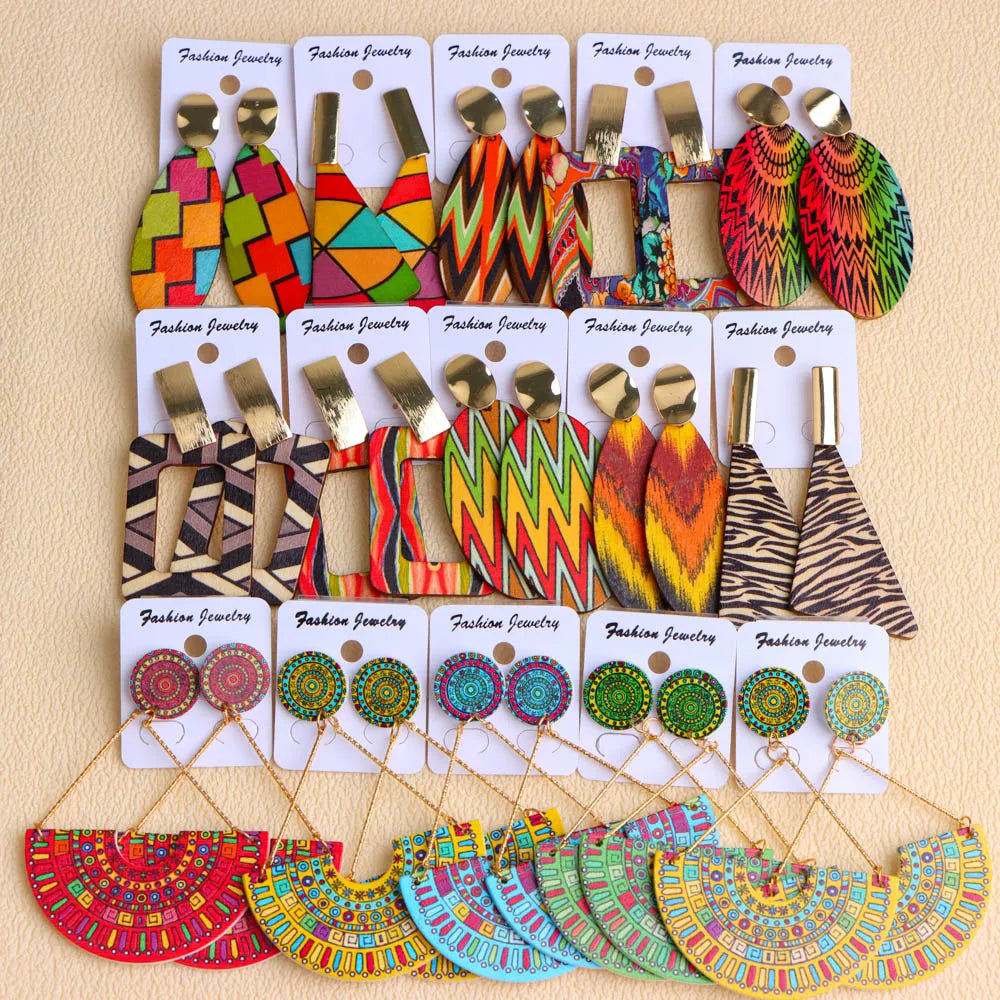 Earrings, 10Pairs/Lot Fashion Elegant Ethnic Geometric Multicolor Wooden Earrings For Women Daily Vacation Jewelry Accessories Party Gifts - IkoChic