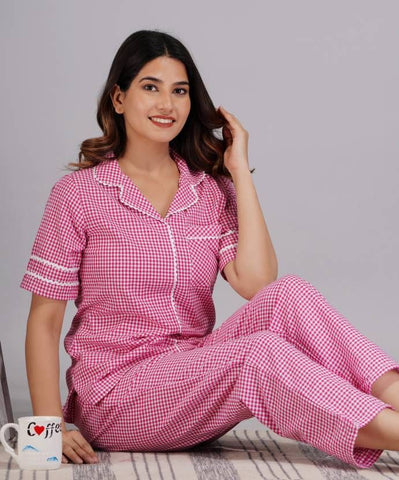 Sleepwear, Women Cotton Shirt & Pyjama set Checkered (Size-L) (Color-PINK) - IkoChic