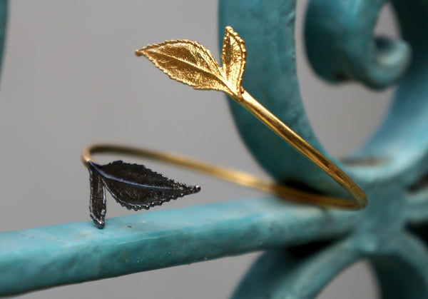 Jewelry & Watches, Rose Leaf Cuff Bracelet - Gold Plated with Black Rhodium Accent - IkoChic