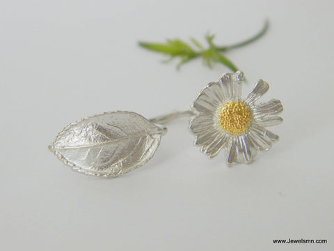 Jewelry & Watches, Nature Inspired Ring: Daisy and Rose Leaf Twig - Recycled Silver - IkoChic