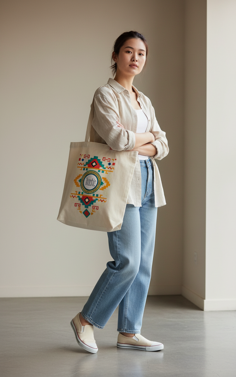 100% Organic Canvas Geometric Print Tote Bag (Beige/Black) | IkoChic UK