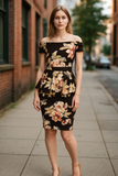 Black floral bodycon dress for wedding guests, summer events or evening parties. Stretchy floral frill cocktail dress style. IkoChic 