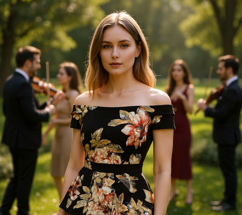 Black floral bodycon dress for wedding guests, summer events or evening parties. Stretchy floral frill cocktail dress style. IkoChic