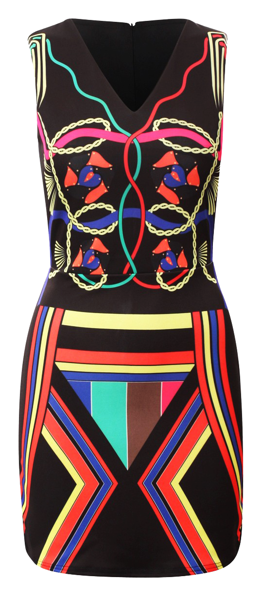 Dresses, Multicoloured Neon Aztec Print Sleeveless Bodycon Dress - IkoChic