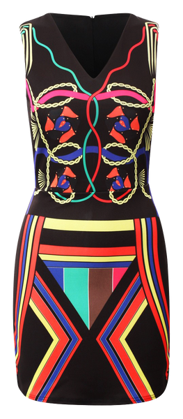 Dresses, Multicoloured Neon Aztec Print Sleeveless Bodycon Dress - IkoChic