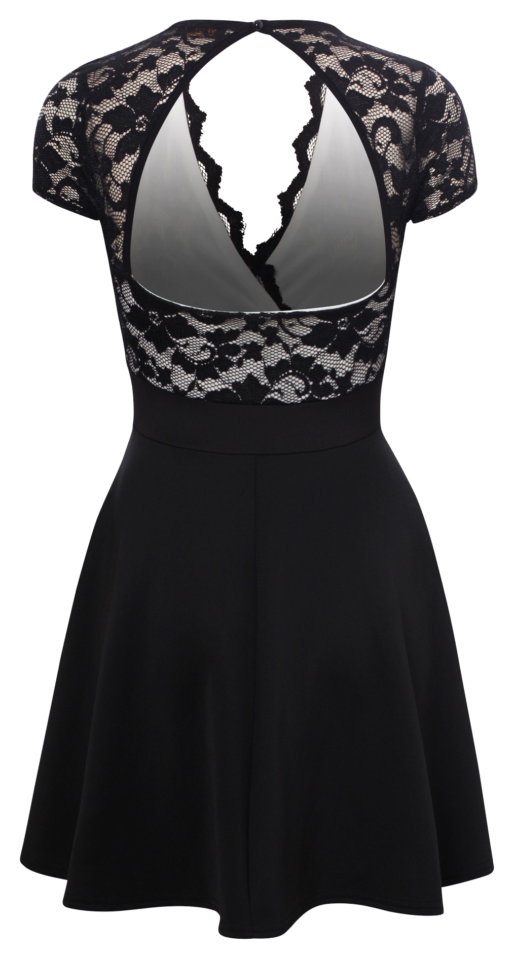 Black floral lace skater dress with cap sleeves, V-neck, and open back detail - elegant formal dress for special occasions from IkoChic.