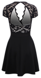 Dresses, Black Floral Lace Short Cap Sleeves Open Back Skater Dress - IkoChic
