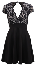Black floral lace skater dress with cap sleeves, V-neck, and open back detail - elegant formal dress for special occasions from IkoChic.