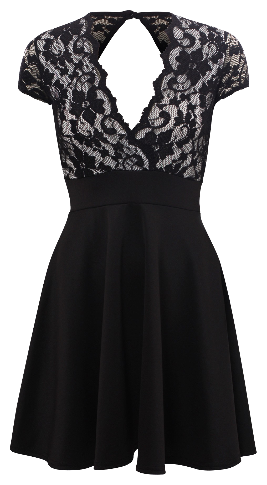 Black floral lace skater dress with cap sleeves, V-neck, and open back detail - elegant formal dress for special occasions from IkoChic.