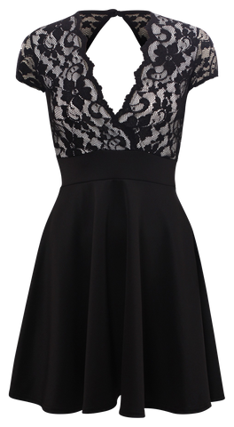 Dresses, Black Floral Lace Short Cap Sleeves Open Back Skater Dress - IkoChic