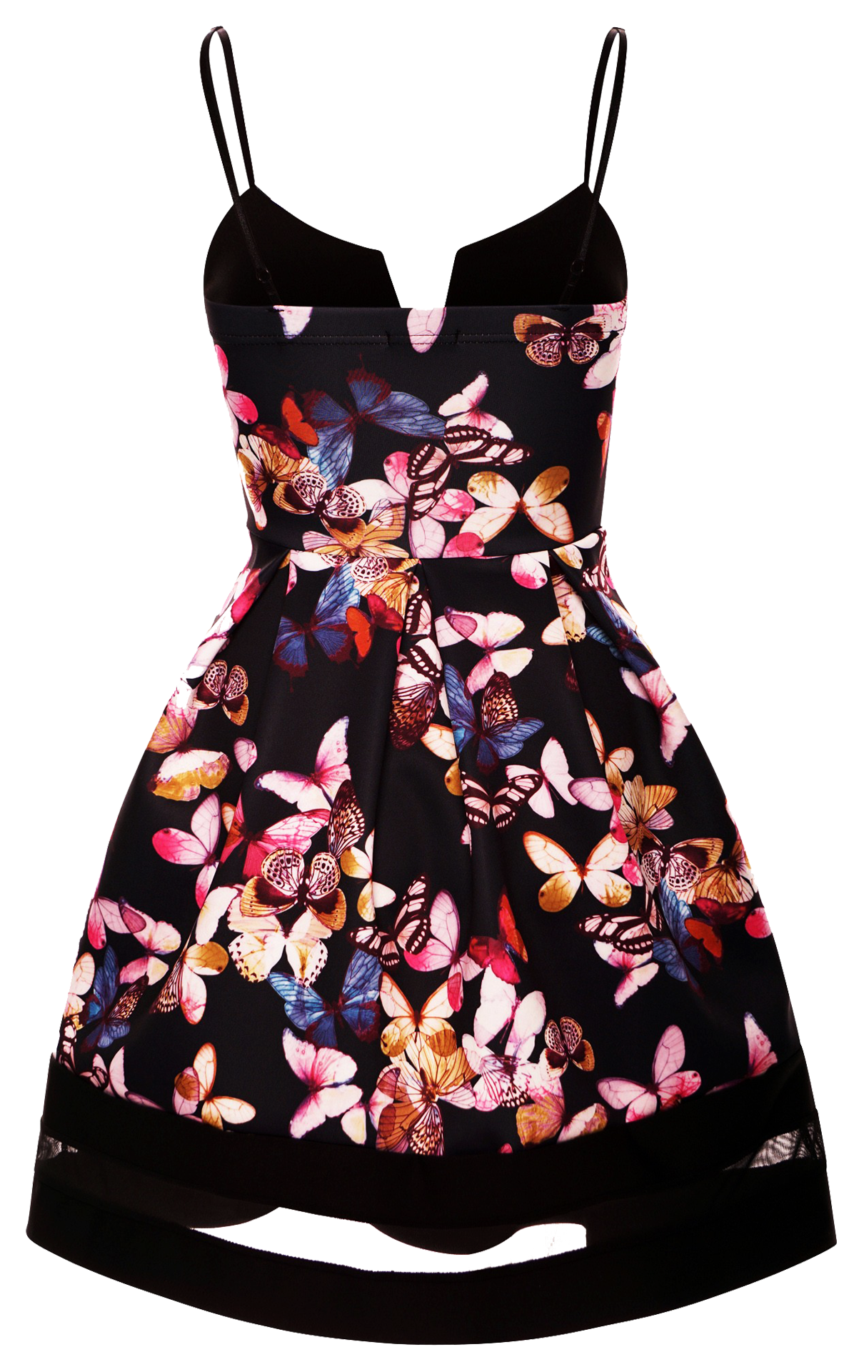 Dresses, Butterfly Print Black Mesh Insert Contrast Skater Dress with Strap - IkoChic