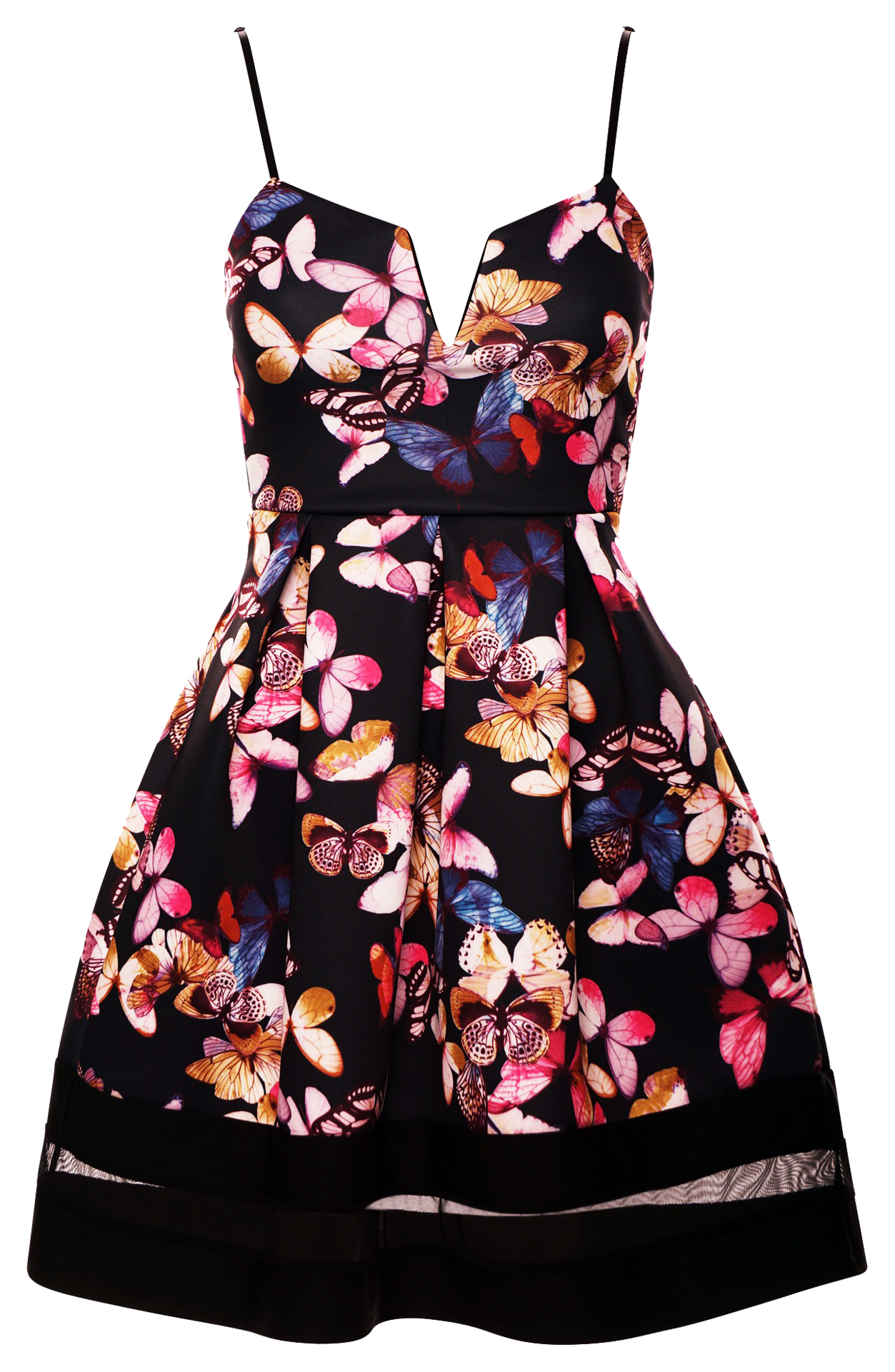 Dresses, Butterfly Print Black Mesh Insert Contrast Skater Dress with Strap - IkoChic