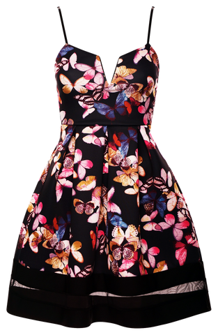 Dresses, Butterfly Print Black Mesh Insert Contrast Skater Dress with Strap - IkoChic