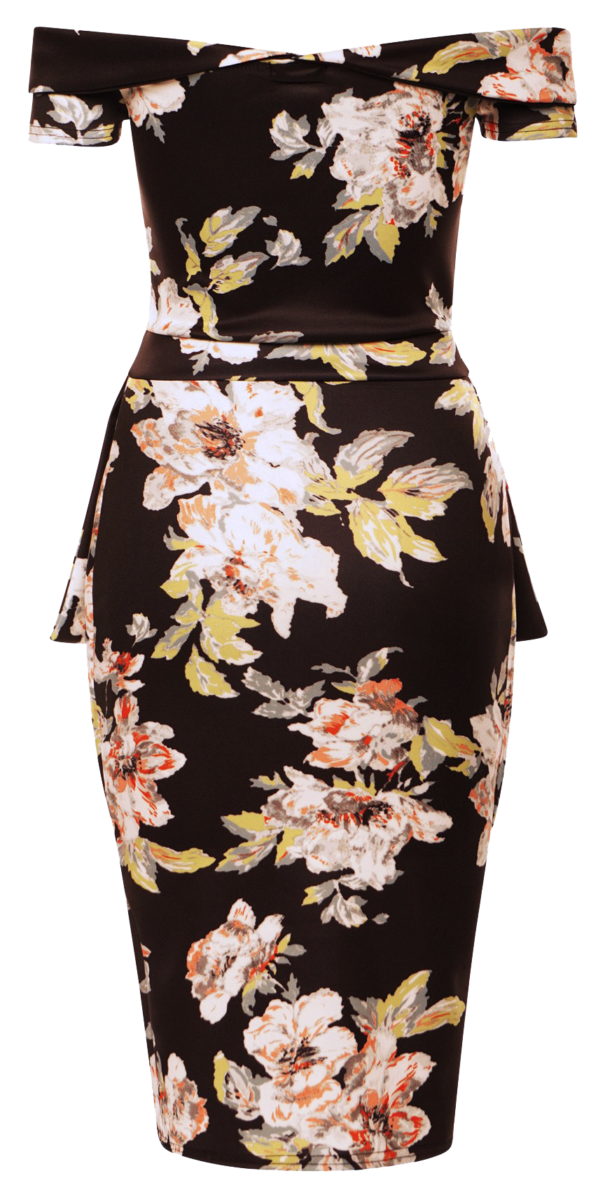 Black floral bodycon dress for wedding guests, summer events or evening parties. Stretchy floral frill cocktail dress style. IkoChic