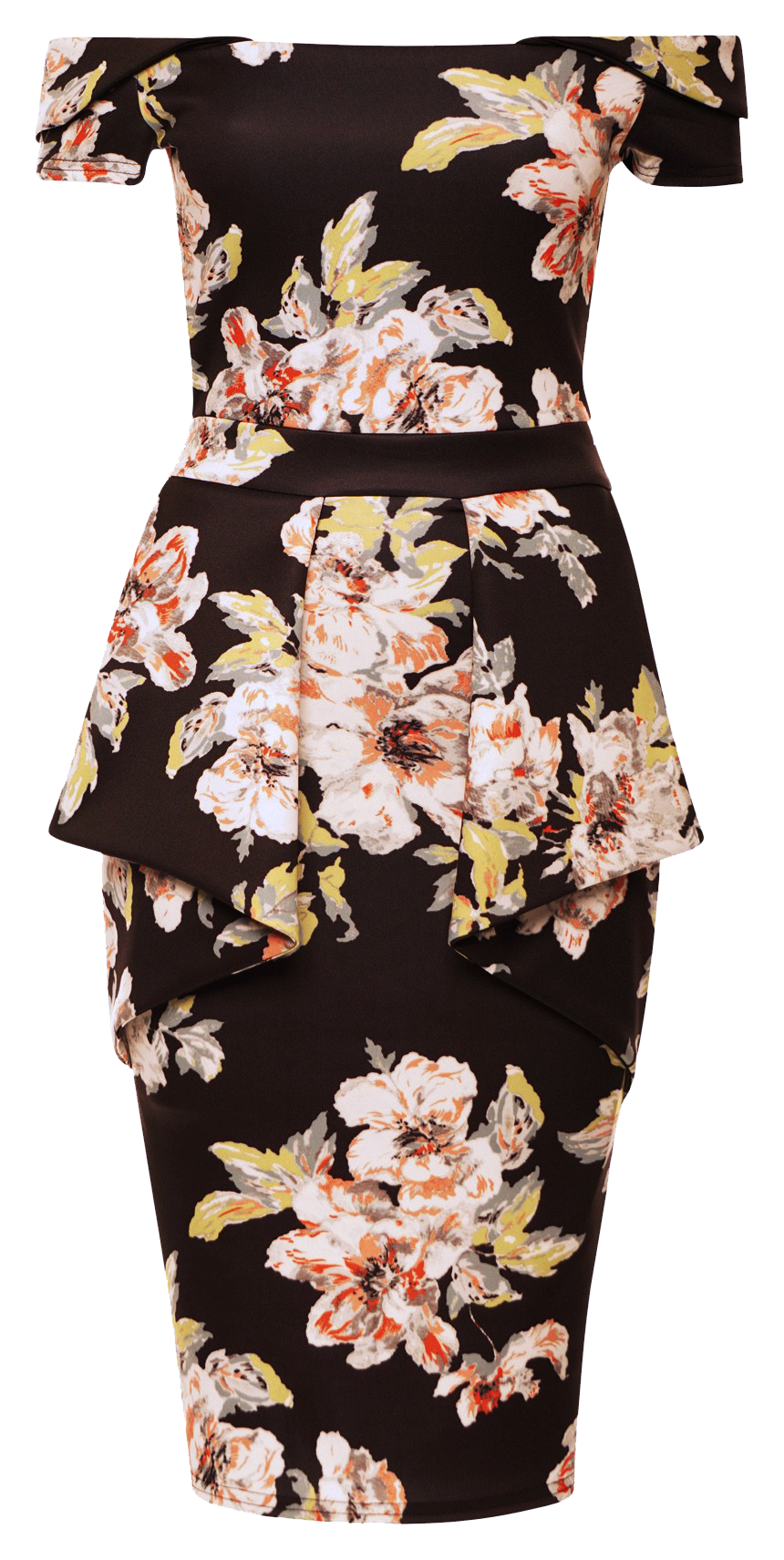 Black floral bodycon dress for wedding guests, summer events or evening parties. Stretchy floral frill cocktail dress style. IkoChic