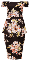 Black floral bodycon dress for wedding guests, summer events or evening parties. Stretchy floral frill cocktail dress style. IkoChic