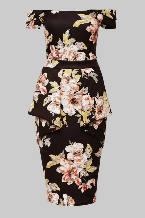 Black floral bodycon dress for wedding guests, summer events or evening parties. Stretchy floral frill cocktail dress style. IkoChic