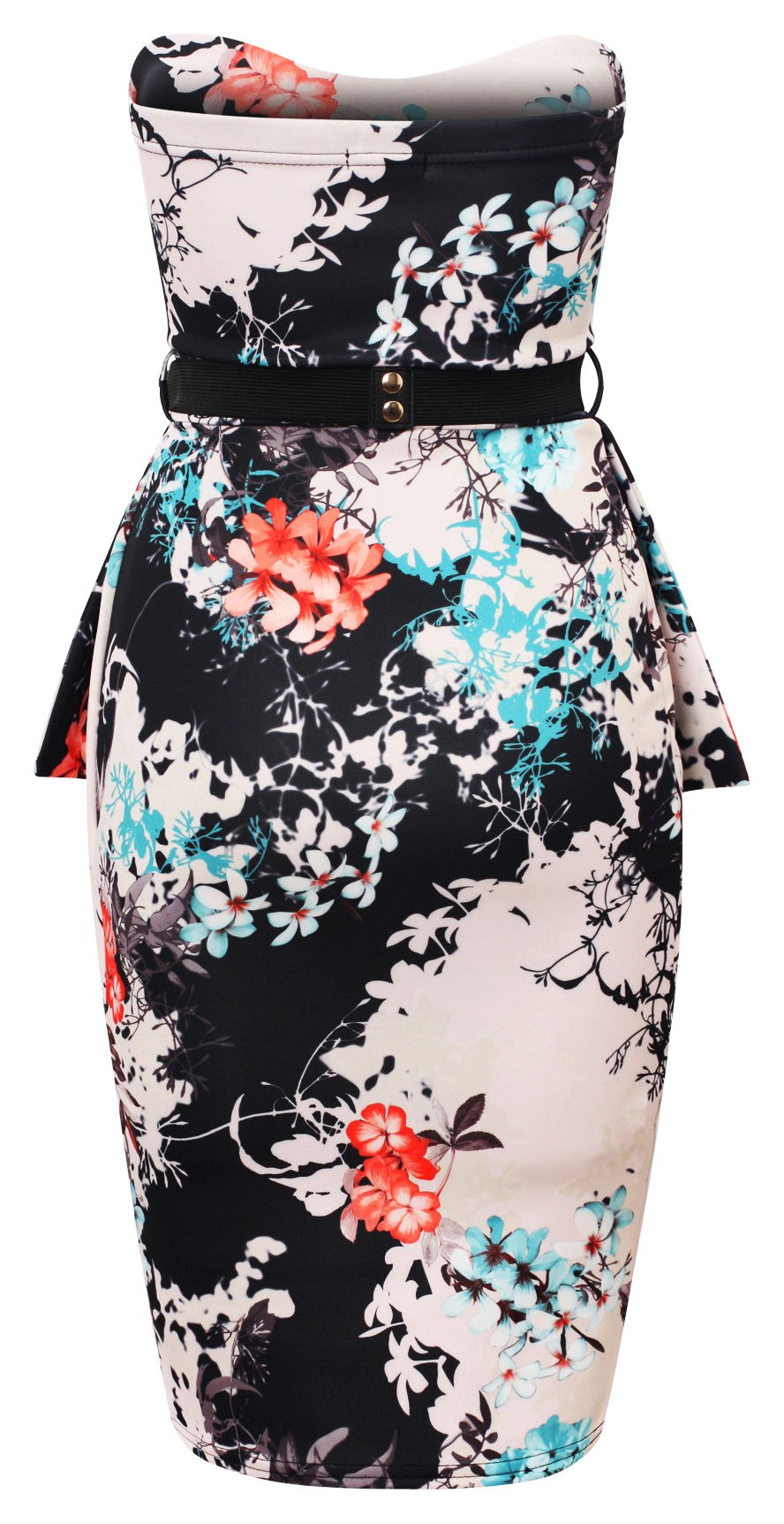 Dresses, Front Pleat Frill Oriental Floral Strapless Dress with a Gold Belt Bandeau - IkoChic