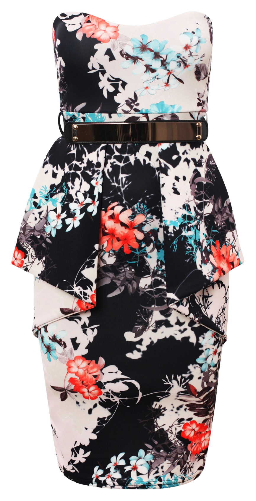 Dresses, Front Pleat Frill Oriental Floral Strapless Dress with a Gold Belt Bandeau - IkoChic