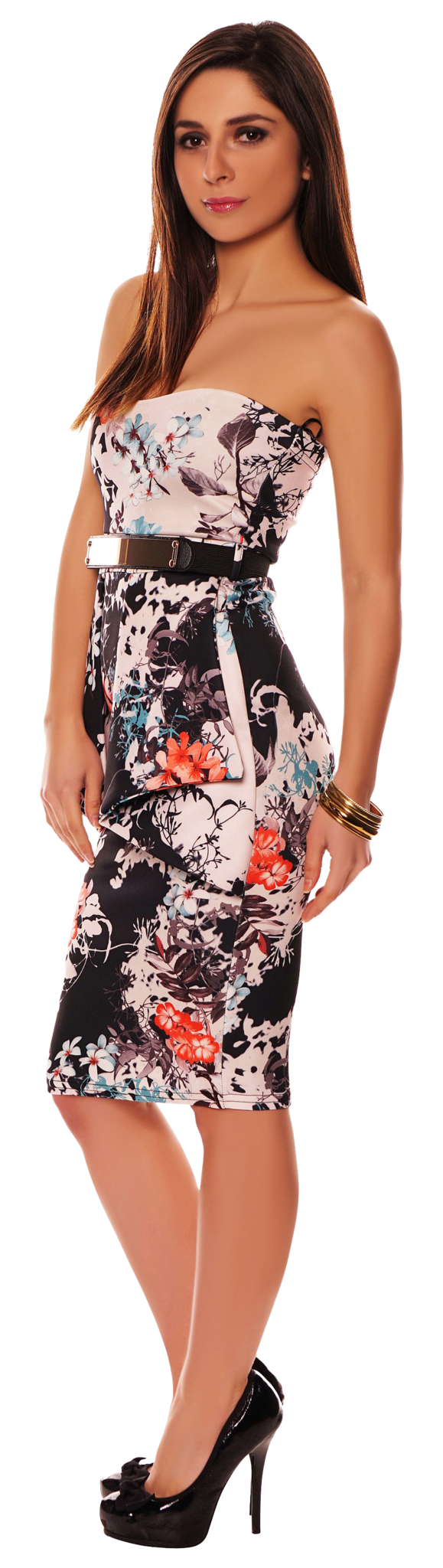 Dresses, Front Pleat Frill Oriental Floral Strapless Dress with a Gold Belt Bandeau - IkoChic