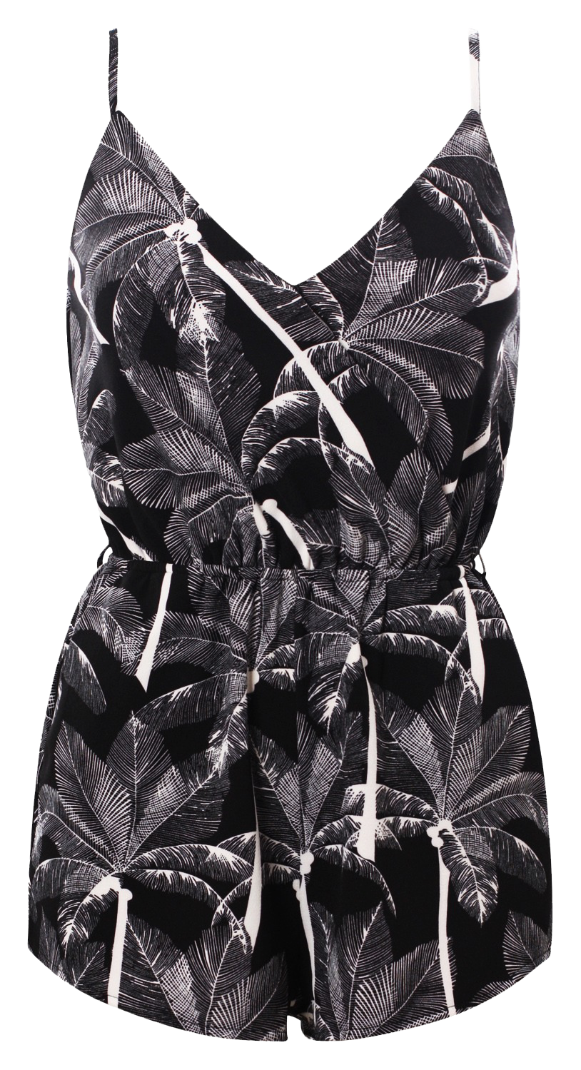 Playsuit, Sleeveless Tropical Print Playsuits with straps & pockets - IkoChic