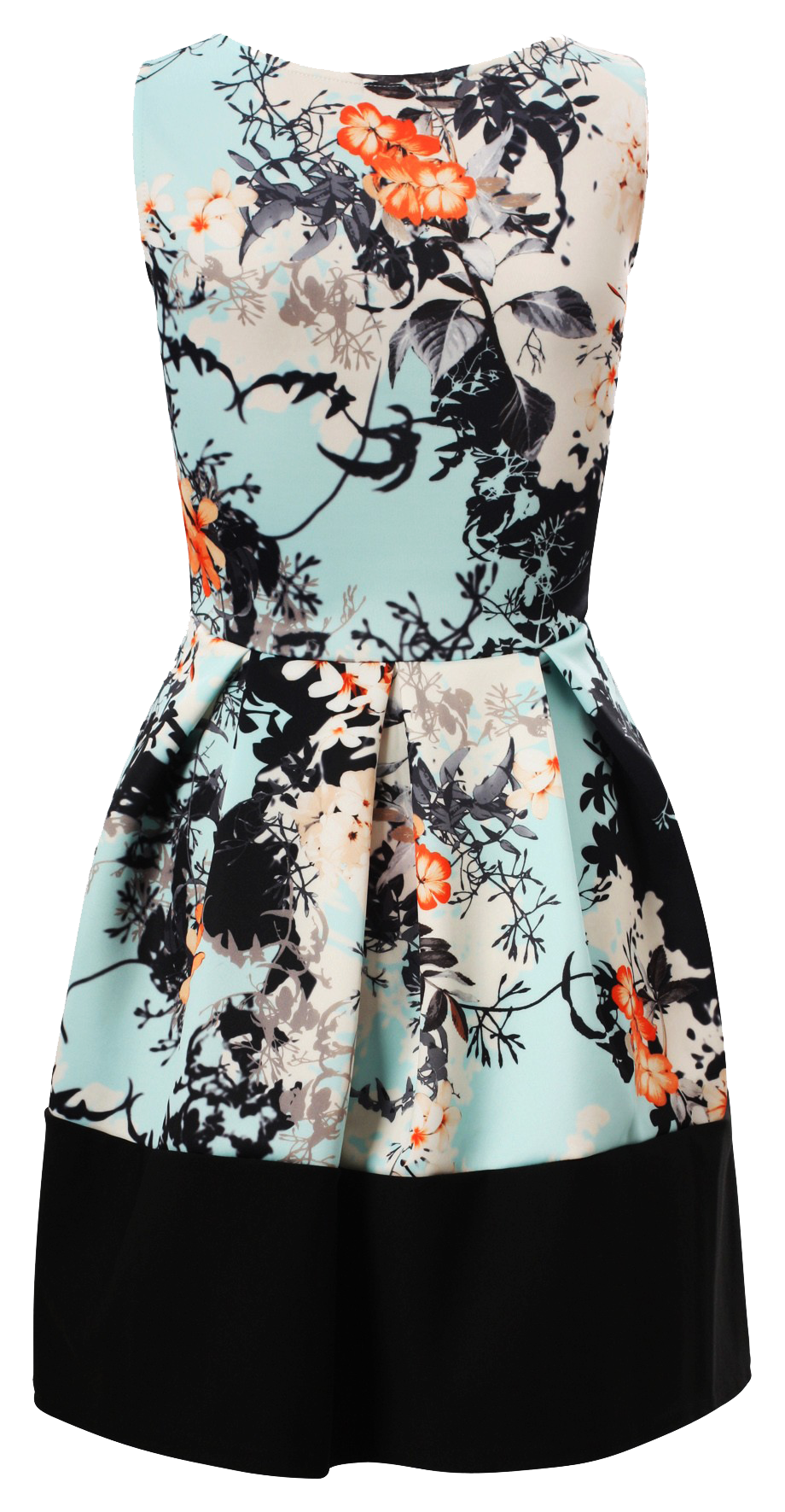 Dresses, Blue Oriental Floral Print Contrast Sleeveless Pleated Dress - IkoChic