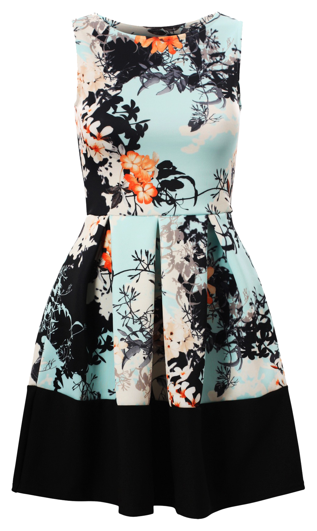 Dresses, Blue Oriental Floral Print Contrast Sleeveless Pleated Dress - IkoChic