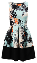 Dresses, Blue Oriental Floral Print Contrast Sleeveless Pleated Dress - IkoChic