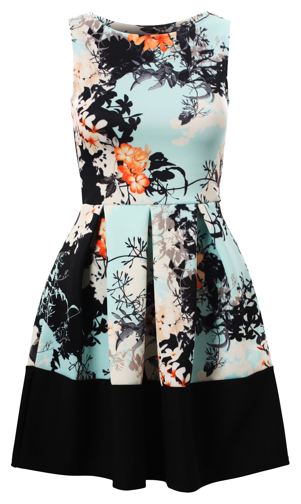 Dresses, Blue Oriental Floral Print Contrast Sleeveless Pleated Dress - IkoChic