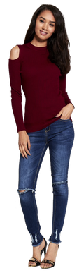 Deep red long-sleeved cut-out shoulder ribbed knitted top - a stylish and cozy addition to your wardrobe.