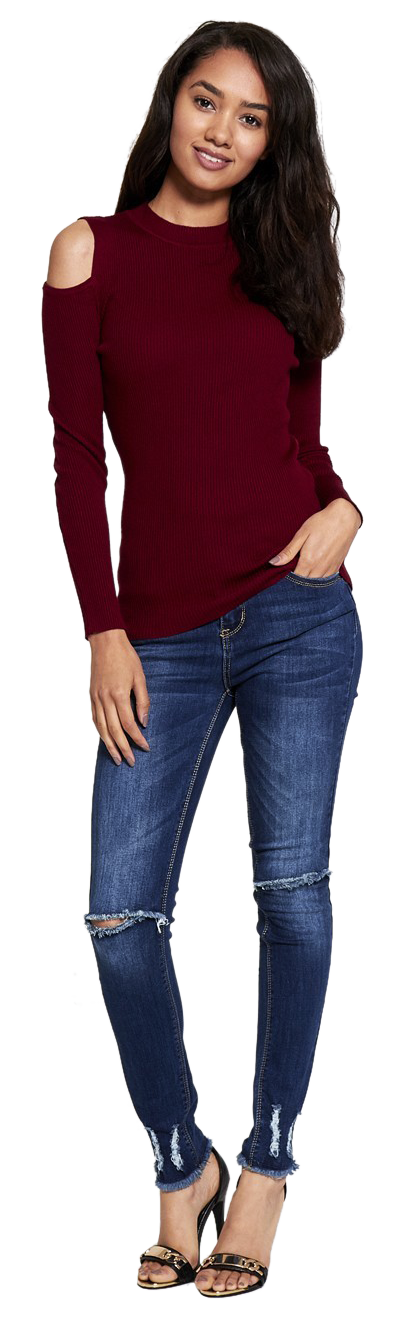 Deep red long-sleeved cut-out shoulder ribbed knitted top - a stylish and cozy addition to your wardrobe.